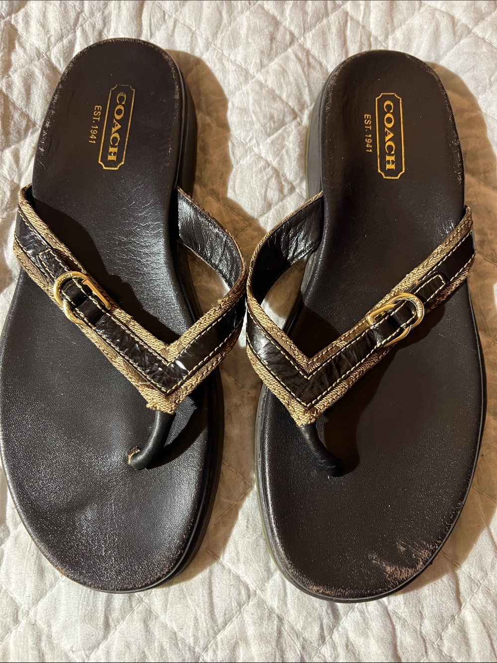 Coach Brown and TanTrim Leather Thong Sandals